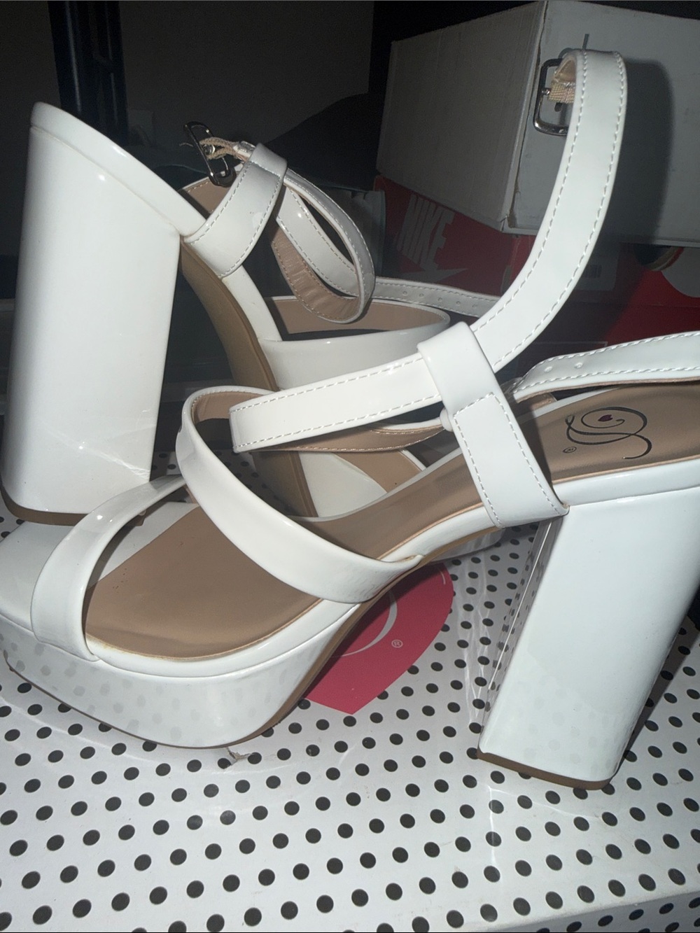 Delicious White Patent Platform Block Heel Sandals
